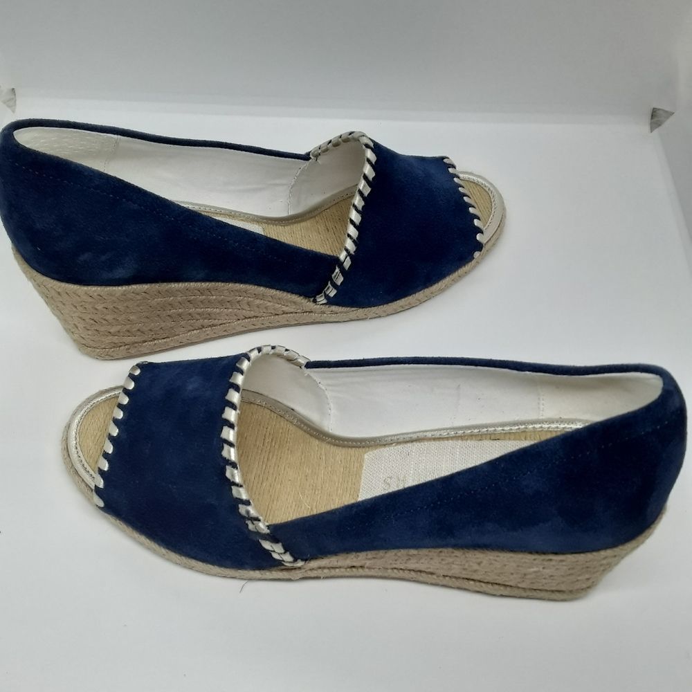 Jack Rogers Palmer Wedges Midnight Blue & Gold Stitching  Size 9M/NWT - Picture 9 of 10